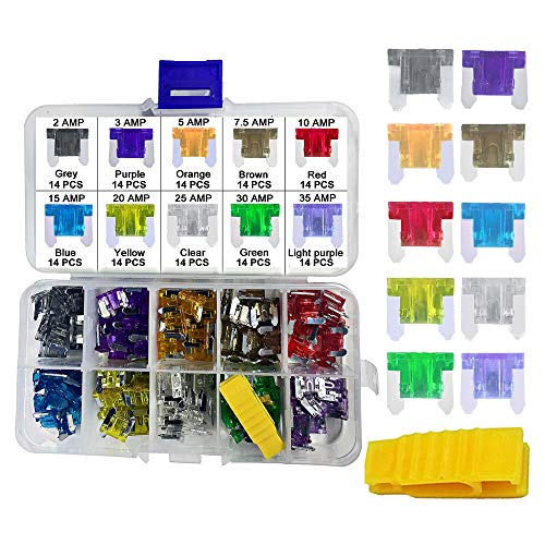 140 PCS Low Profile Mini Car Blade Fuses - MuHize Truck LP-Mini Fuse Assorted Kit (2 3 5 7.5 10 15 20 25 30 35 AMP) with Puller Tool, Car Boat Truck SUV Automotive RV Fuses Replacement