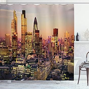 Ambesonne New York Shower Curtain, Global City Sunset Reflecting on Skyscrapers Famous Town Landmark View Photo Print, Cloth Fabric Bathroom Decor Set with Hooks, 70