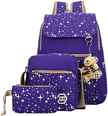 Composite Bag Preppy Style Backpacks For Teenage Girls Canvas School Bags Cute Bear 3 Set Backpack Female Purple 31x12x43cm