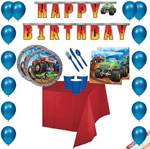 Monster Truck Birthday Party Supplies Decorations (Large Banner + Balloons) Tableware (Plates + Napkins + Cups + Tablecloth + Cutlery) | Perfect for Monster Jam Theme | Complete Bundle | Serves 16