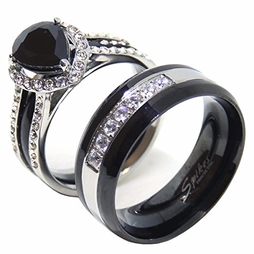 Lanyjewelry His Hers Couples Ring Set Womens Black Pear CZ Promise Ring Mens 7 CZs Wedding Band