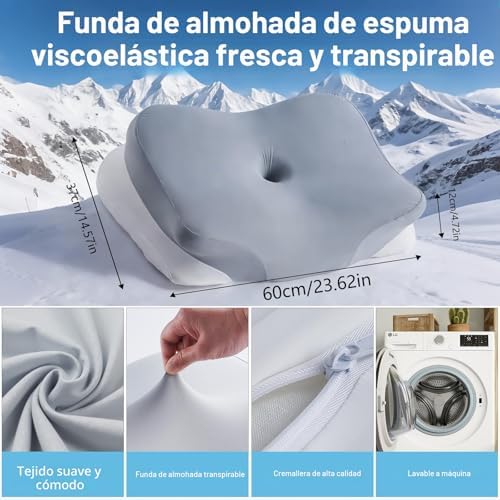 Almohada Cervical Ergonómica Memory Foam, Gris, 60x37x12 cm