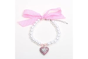 XKSRWE Dog Pearls Necklace Collar with Rhinestones Heart&Angel Charm Pendant Pet Puppy Jewelry Accessory (S, Pink)