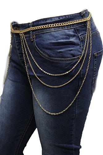 TFJ Women Fashion Belt Hip Waist Gold Metal Chains Side Long Waves Hips S M L