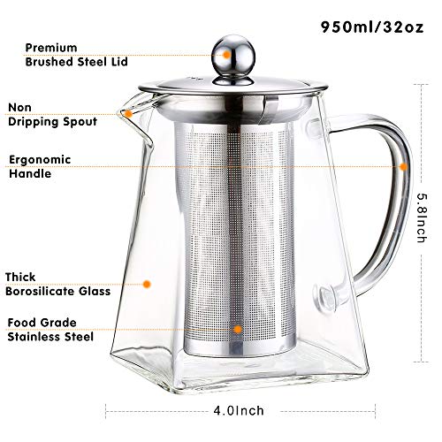 Glass Teapot with Infuser, 950ml/32oz Clear High Borosilicate Glass Tea Pot with Removable Tea Strainers for Loose Leaf Tea, Heat Resistant Loose Leaf Teapot, Microwavable and Stovetop Safe
