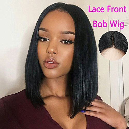 HANNE Synthetic Lace Front Bob Wig with 3 Combs Natural Black Heat Resistant Straight Hair Short Wigs for African American Women (Black)