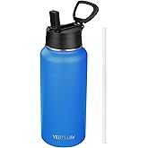 Insulated Water Bottle With Straw,32 oz Vacuum Insulated Stainless Steel Sports Water Flask,Keeps Cold and Hot,Metal Water Bottle Wide Mouth for Gym Travel Camping (Ocean blue)