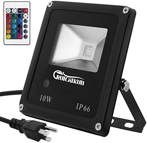 RUICAIKUN Remote Control 10W RGB+White LED Flood Lights, Color Changing LED Security Light, 16 Colors &amp; 4 Modes, Waterproof LED Floodlight, US 3-Plug, Wall Washer Light