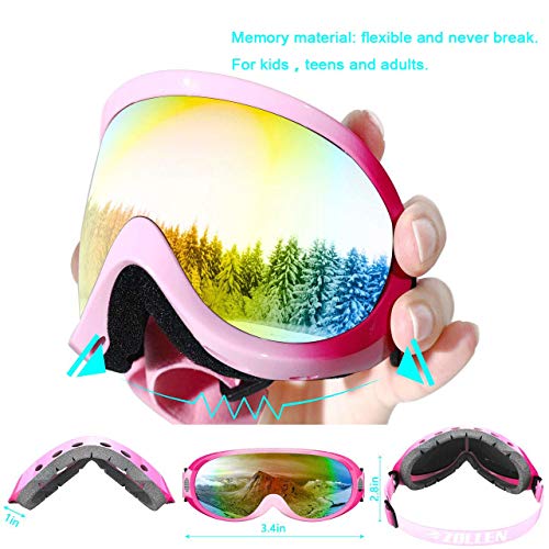 Zollen Ski Goggles, Snowboard Goggles for Kids, Boys, Girls, Youth, Men & Women, Anti-Fog Snow Goggles, Anti-Glare Lenses, 2 Packs, Colorful & Pink/Fuchsia