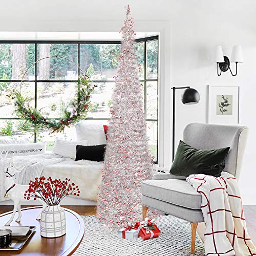 N&T NIETING Christmas Tree, 6ft Collapsible Pop Up Silver Tinsel Christmas Tree with Christmas Candy Cane Coastal Christmas Tree for Holiday Xmas Decorations, Home Display, Office Decor