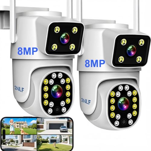 2NLF 8MP Cámara de Seguridad Exterior con Doble Lentes, Cámara Seguridad WiFi Inalámbrica con Visión de 360°, Detección de Movimiento, Visión Nocturna a Color y Audio Bidireccional, 2 Piezas
