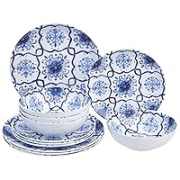Amazon Basics 12-Piece Melamine Dinnerware Set - Service for 4, Traditional Blue & White