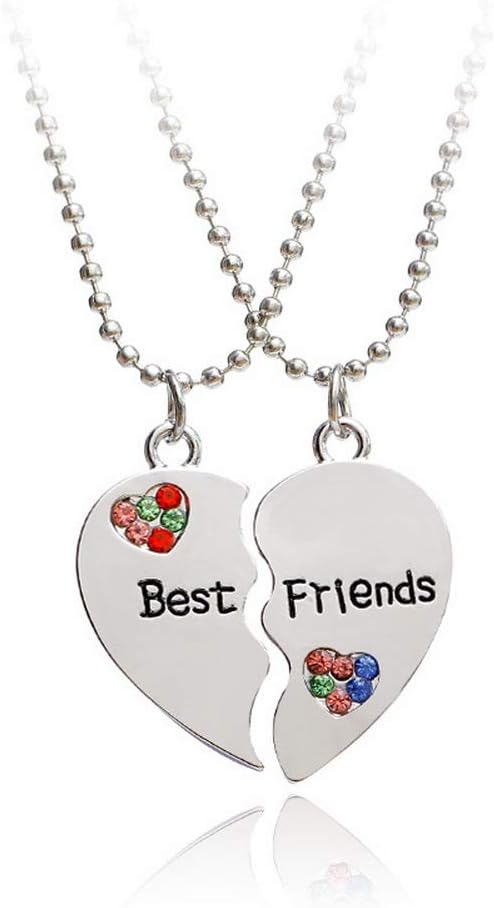 Best Friend Necklace for Girls Set of 2 Rhinestone Heart Shaped Friendship Pendant Necklace, Best Bithces Engraved