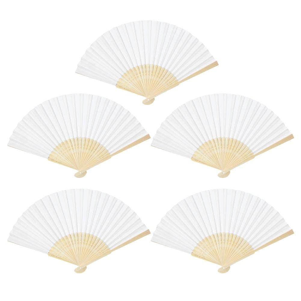 HERCHR 5 Pieces Folding Hand Fan, Bamboo Handheld Fans White Paper Fans Handheld Chinese Fans for Wedding Decoration, Church Wedding Gifts, Party Favors, DIY Decoration