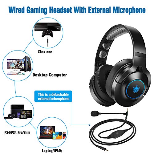 PS4 Headset, 7.1 Bass Surround Bluetooth Wireless Headset, Wired Gaming Headset with Detachable Noise Cancelling Mic for Xbox One, PC, Rotatable Ear Cups Soft Memory Earmuffs, LED Light - Blue