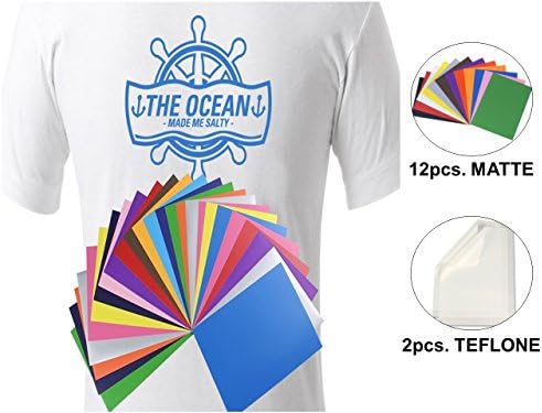 Starter Kit Bundle - Easy Peel and Weed Iron-on Printable Heat Transfer Vinyl | A4 HTV Sheets 12 Matte Assorted Colors + FREE 2 Teflon Sheets, For T-Shirts, Jerseys and Sports Uniforms (Pack of 14)