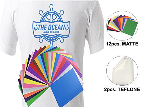 Starter Kit Bundle - Easy Peel and Weed Iron-on Printable Heat Transfer Vinyl | A4 HTV Sheets 12 Matte Assorted Colors + FREE 2 Teflon Sheets, For T-Shirts, Jerseys and Sports Uniforms (Pack of 14)