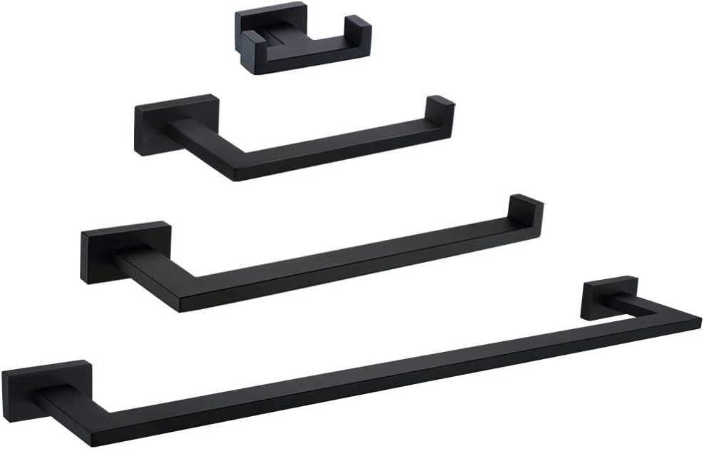 Bathroom Hardware Set 4 Pieces, Angle Simple Stainless Steel Bath Accessories Kit, Remodeled Bathroom Fixtures with Robe Hook, Toilet Paper Holder, Towel Holder, Towel Bar Matte Black