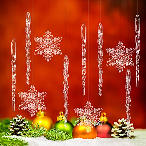 SallyFashion Weihnachtsbaum Anhänger, 30 Stück Acryl Schneeflocken und Eiszapfen Christbaumschmuck mit Transparent Seil für Weihnachtsbaum Party Dekorationen