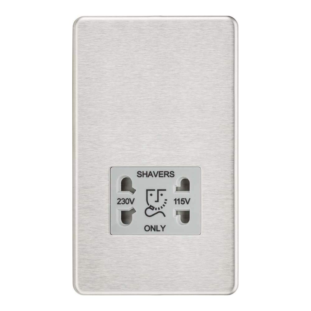 Knightsbridge Screwless Dual Voltage Shaver Socket in Brushed Chrome with Grey Insert