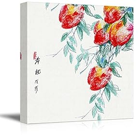 Square Canvas Wall Art - Watercolor Style Chinese Painting of Ripe Peaches on The Branch - Giclee Print Gallery Wrap Modern Home Art Ready to Hang - 12x12 inches