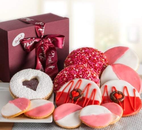 Valentines Day Gift Basket filled with a Variety of Pink, White & Red Love Cookies Holiday Care Package for Boys, Girls,Best Friend, Child, Husband, Wife, Boyfriend, Girlfriend By Dulcet Gift Baskets