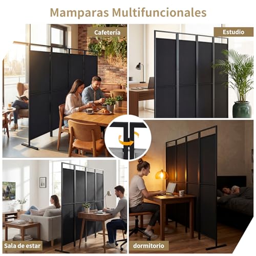 SIMPLE ESPACIO Biombo de privacidad Plegable de Cuatro Paneles, Base ensanchada, Divisor portátil, Dimensiones del Panel 175 cm de Ancho x 170 cm de Alto (Negro)