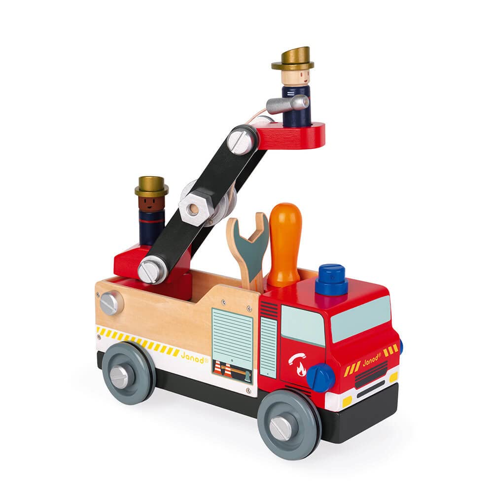 Janod - My First Construction Game - FSC Wooden Fire Truck - 45 Pieces - Easy to Assemble - 3 Years + - J06469