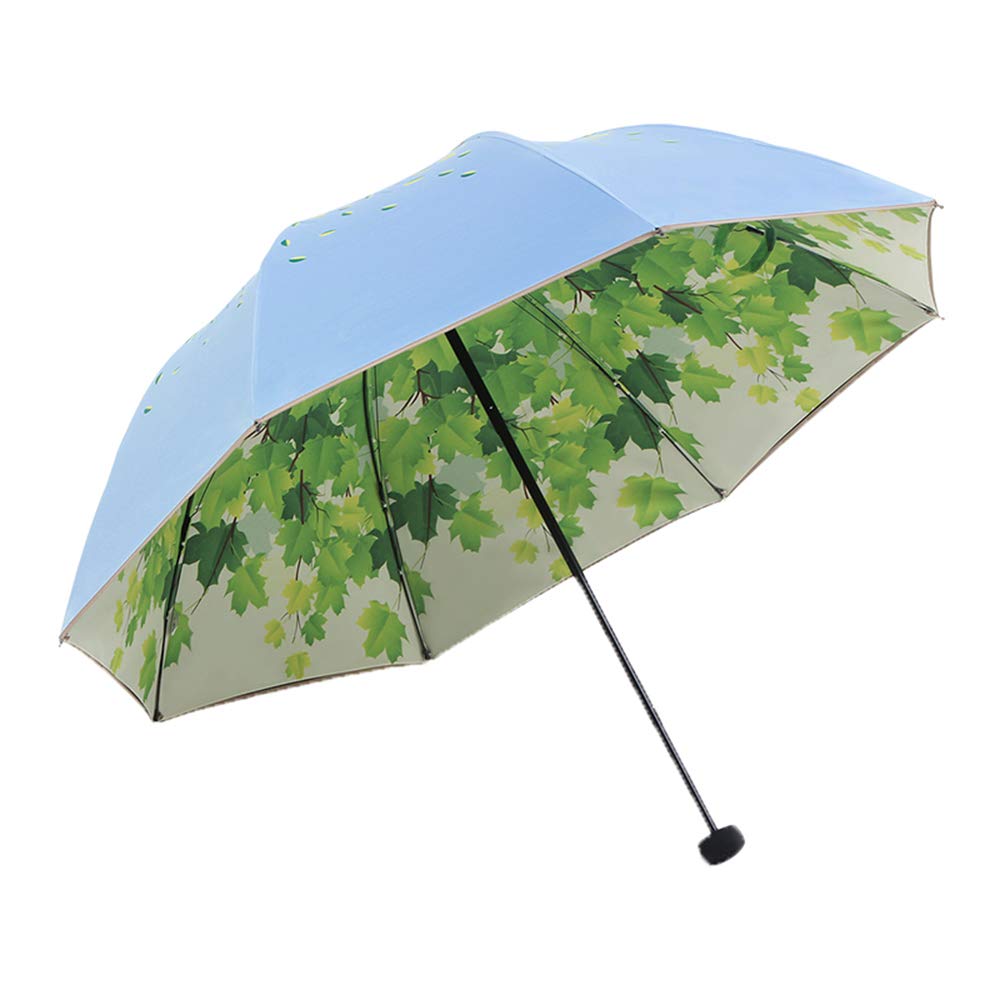 SudaTek Green Tree Leaf Folding Travel Sun Umbrella Double Layer Sunblock UV Protection UPF 50+ Rain Resistant Compact Size Parasol Fold into Purse (Blue)