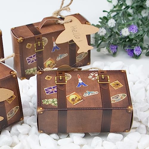 JOHOUSE Mini Suitcase Favor Box, 50PCS Travel Party Favors Vintage Kraft Cardboard with Tags and Burlap Twine for Wedding Party Bridal Shower Travel Party Decorations