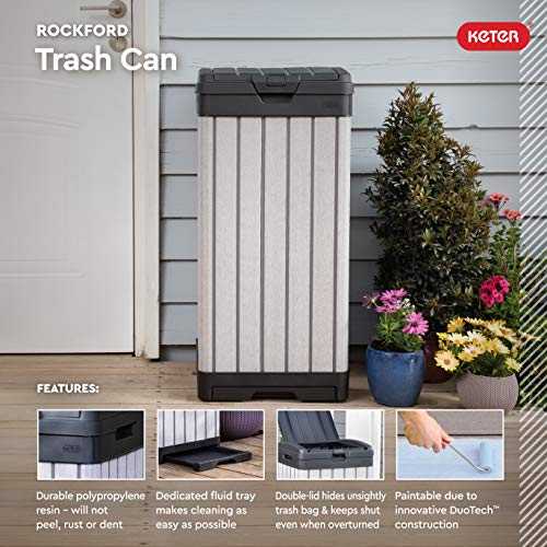 Keter Rockford Resin 38 Gallon Trash Can with Lid and Drip Tray for