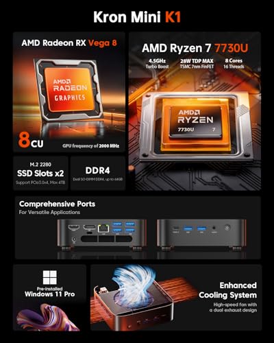 ACEMAGIC Kron Mini K1 Mini PC Win11 PRO, Ryzen 7 7730U(Upgraded 5825U/7430U), 32GB DDR4 512GB SSD Mini Computers(up to 4.5Ghz), Light Gaming Mini Desktop PC 4K Triple Display Bluetooth/WiFi6/Office
