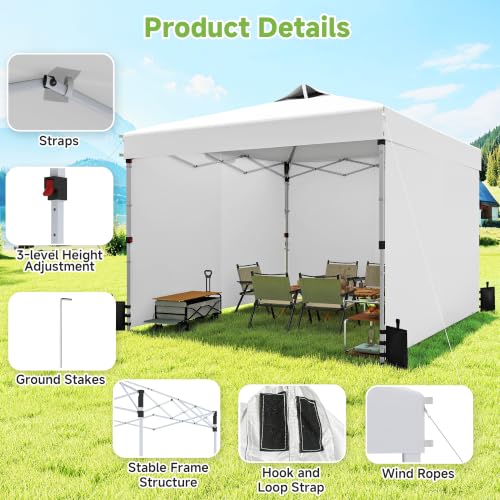 Real Relax 10x10ft Pop Up Portable Canopy Tent with 300D Silver-Coated Top, UV-Protective, Waterproof, Windproof, Instant and Easy Installation, with Three Sidewalls for Camping, Vendor Events, White
