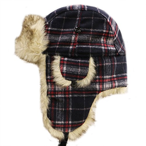 City Hunter W680 Wool Premium Solid Trapper Hats Multi Colors (Plaid Navy)