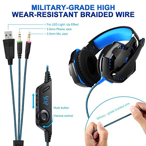 Water-chestnut Gaming Headset, Stereo Bass Noise Cancelling Over-Ear Headphone, with LED Light On It, USB Wired Gaming Headsets for A Variety of Games for PC, Computer, Mobile Phones