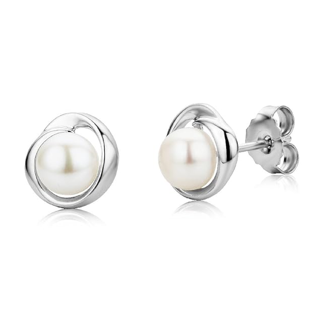 Miore Perlen Ohrstecker für Damen – Dezente Ohrringe aus 925 Sterling Silber mit weißer Süßwasserzuchtperle – Perlenschmuck s