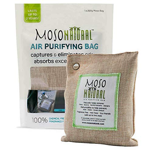 MOSO NATURAL Air Purifying Bag 5 Pack. Bamboo Charcoal Air Freshener, Deodorizer, Odor Eliminator, Odor Absorber for Cars and Closets. 200g Natural Color