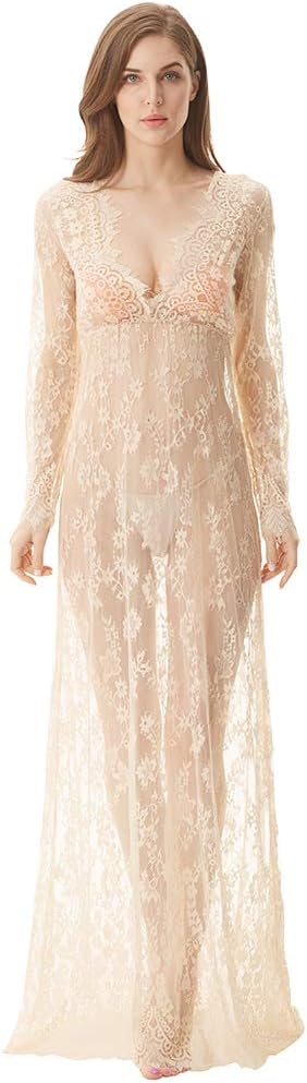 cunlin Women Floor Length Deep-V See Through Floral Lace Gown Maxi Maternity Dress for Photo Shoot