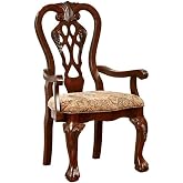 BOWERY HILL 42'' Traditional Wood Dining Arm Chair, Brown Cherry Finish, Solid Wood Construction, Padded Fabric Seat Cushions, Cabriole Legs, Set of 2, Elegant Dining Room Seating