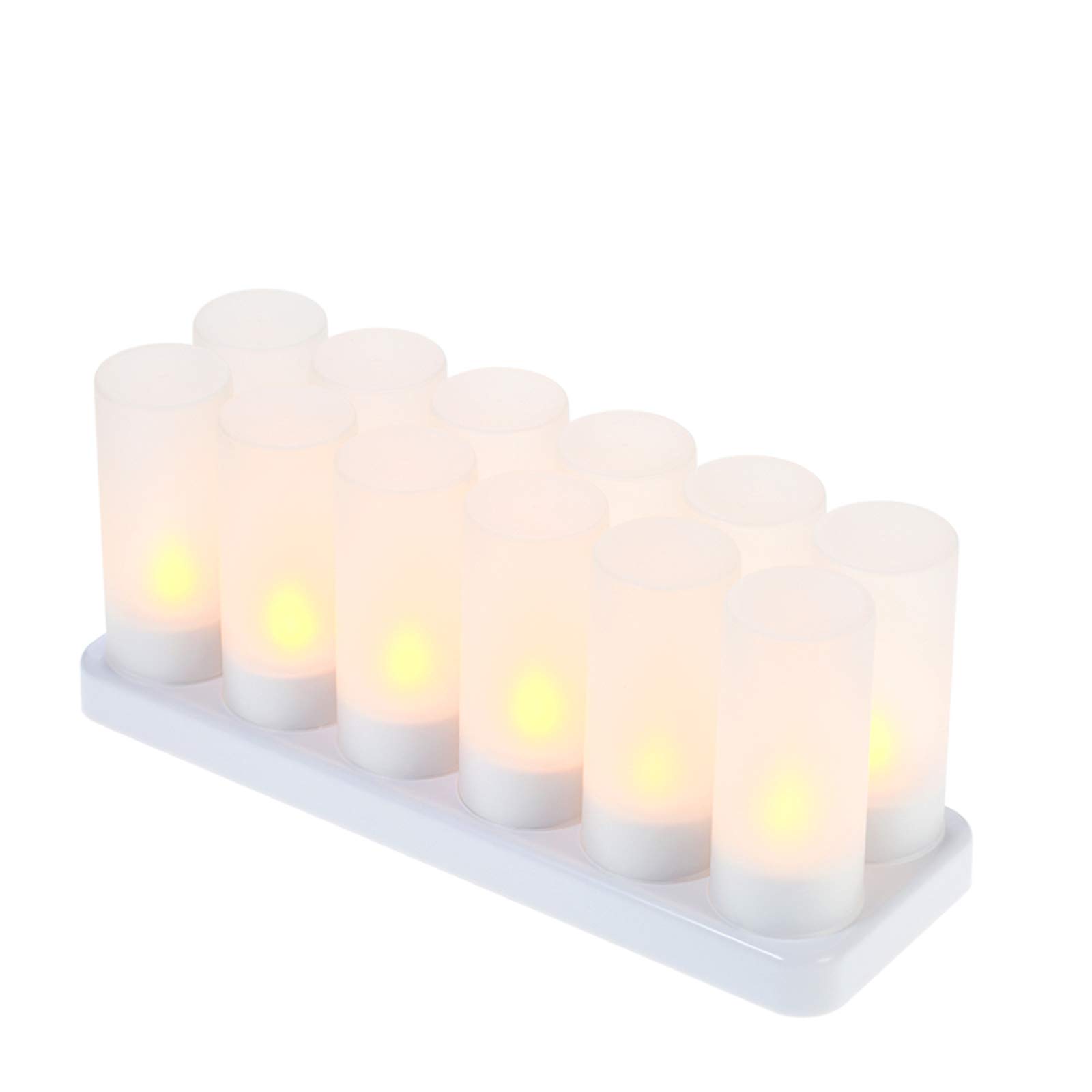 Decdeal Led Candles Rechargeable Flameless Candle Battery Flickering Candles with Frosted Cups Charging Base Yellow Light AC100-240V (12pcs)