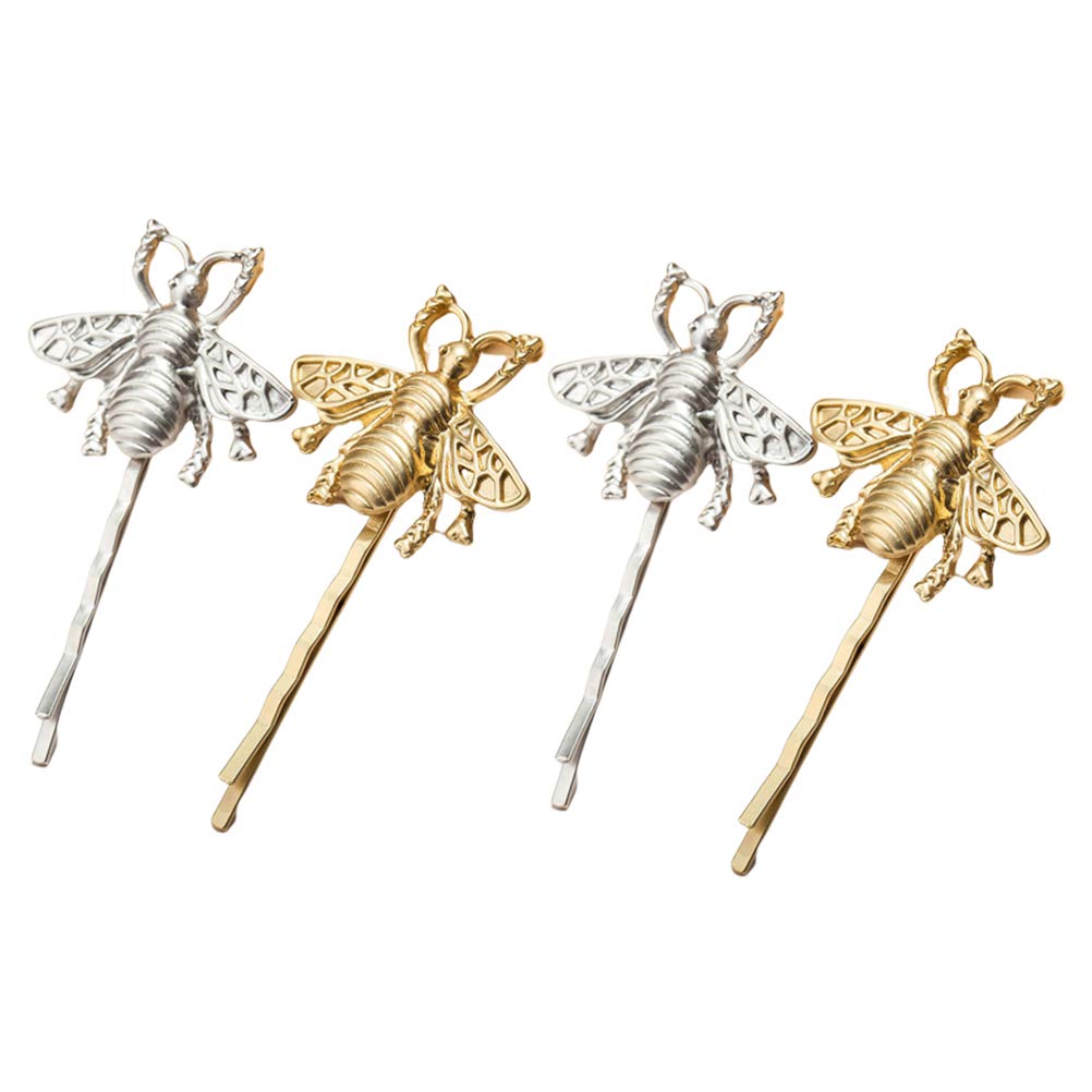 Lurrose 4Pcs Bee Shape Hair Clips Bang Hair Pins Cute Lovely Barrette Elegant Headdress for Women Lady (Silver and Golden for Each 2Pcs)