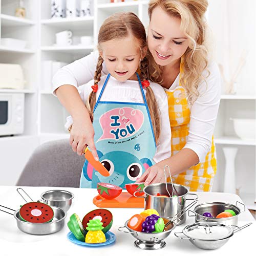 BGdoyz Kitchen Pretend Play Toys with Stainless Steel Cookware Pots and Pans Set, Cooking Utensils, Apron & Sleeve, Cutting Vegetables for Kids, Boys, Girls and Toddler Gifts Educational Learning Tool