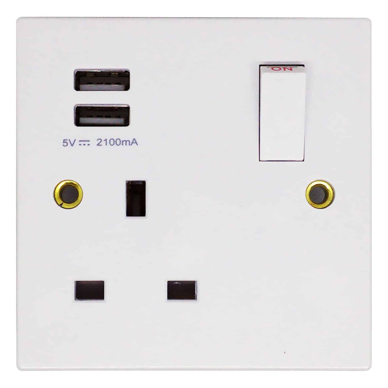 Opus 1-Gang 13 Amp Single Plug Socket UK in White with Twin 2100mA Type A USB Charging Ports and Switch, Suitable for 25mm Back Box - The ultimate USB Wall Socket for modern homes