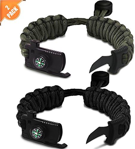 Braylin Protection Paracord Bracelet, 2 pcs Camping Paracord Survival Bracelet Kit, Outdoor Hiking Travelling Hunting Gear, Emergency Tactical Parachute Rope Bracelet, Compass, Flint Stone, Fire Start