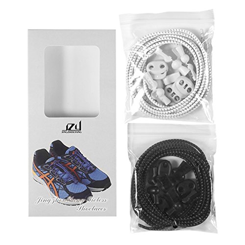 No Tie Shoelaces JZY Round Athletic Shoe Laces With Elastic Fits All Adult and Kids Shoes (Black+White) - Thumbnail 5
