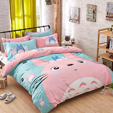 naluo Duvet Cover Set,Bed In A Bag Cotton 4pcs Bedding Set Queen Size Totoro Flat Sheet Pillowcase Quilt Duvet Cover