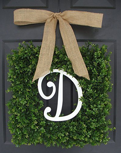 Elegant Holidays Handmade Square Thin Artificial Boxwood Wreath with Monogram/Bow, Welcome Guests Decorative Front Door- Outdoor, Storm Doors, Indoor Wall Décor All Seasons & Holidays Sizes 16-28 inch