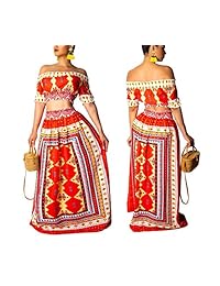 Vestido de verano bohemio Maxi - Vestido de playa floral para mujer fuera del hombro, parte superior de crop + vestido Maxi