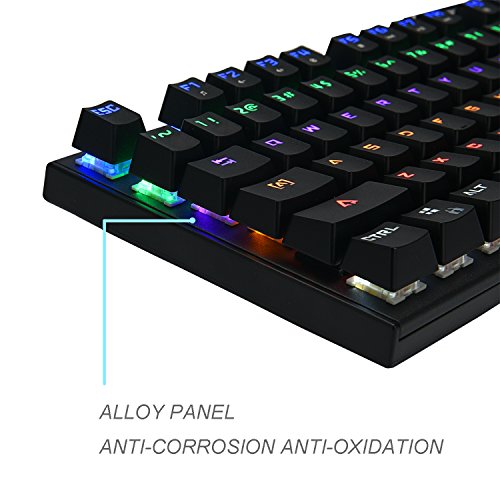 Mechanical Gaming Keyboard, Rockjame 104 Keys Anti-Ghosting LED Backlit Multiple Color Rainbow Blue Switch USB Wired Typing Gaming Illuminated Keyboard for PC Mac Gamers Typist