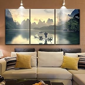 3 Panel Canvas Wall Art - Fisherman on The Boat with Cormorants on Calm River Among Mountains - Giclee Print Gallery Wrap Modern Home Art Ready to Hang - 16"x24" x 3 Panels